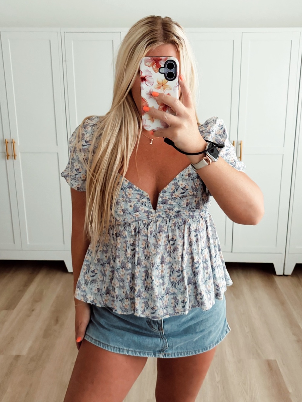 Blue and purple floral puff sleeve baby doll top